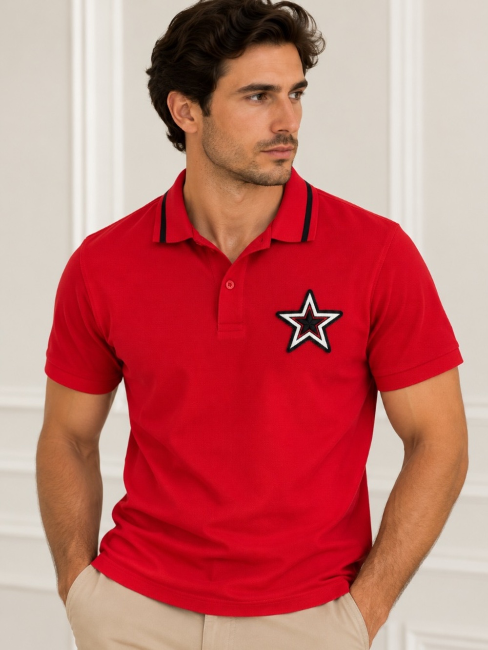 Givenchy Men’s Red Star Patch Polo Shirt Black Trim – Size L
